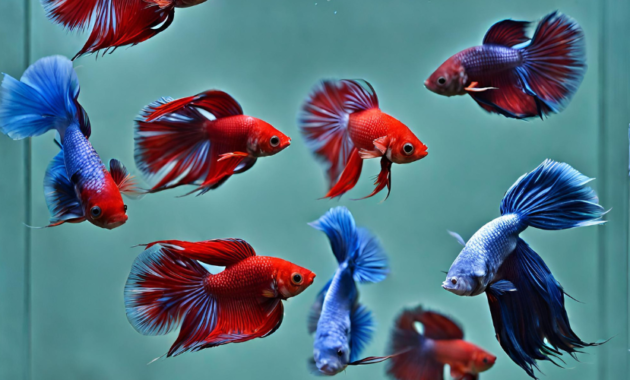 The image shows a group of red and blue betta fish swimming in a tank. The red fish have long tails and fins, while the blue fish have shorter tails and fins. The fish are swimming in different directions and seem to be enjoying themselves in the tank. The water in the tank is clear and there is a lot of light shining on the fish.