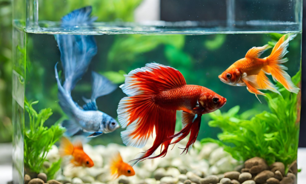 This image shows a group of colorful Betta Fish and Goldfish swimming in a large aquarium. They appear to be swimming happily in the aquarium, which is filled with water and decorated with rocks and plants. The aquarium is well lit, and the water is clear and clean.